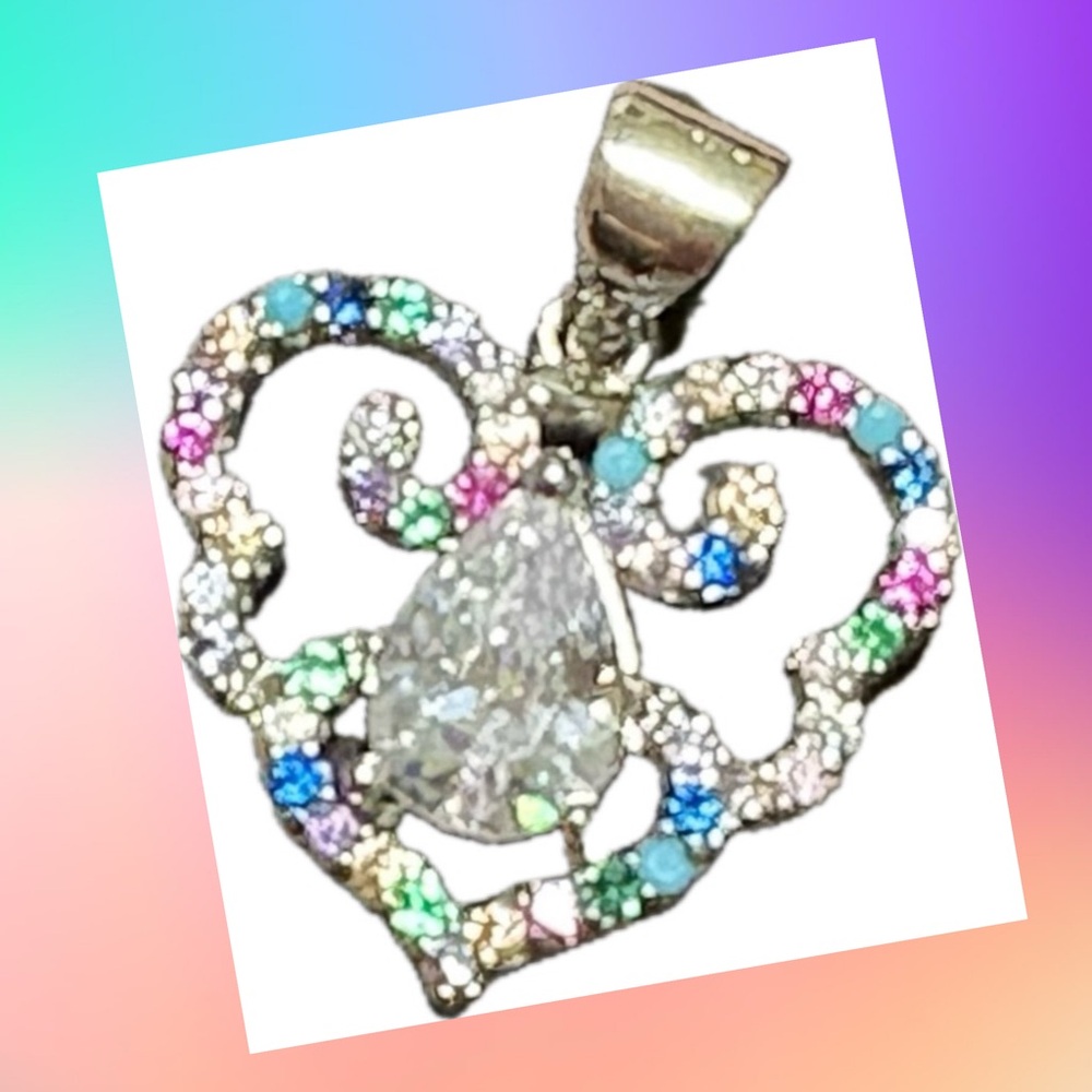 White Gold Multicolor Heart Pendant & Chain NIB